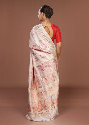 White Handloom Baluchari Pure Silk Saree With Blouse Piece