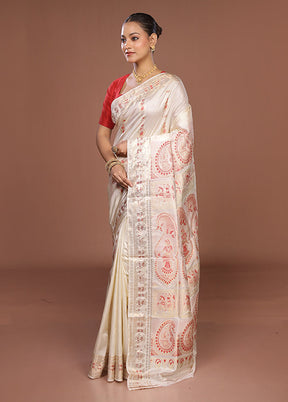 White Handloom Baluchari Pure Silk Saree With Blouse Piece