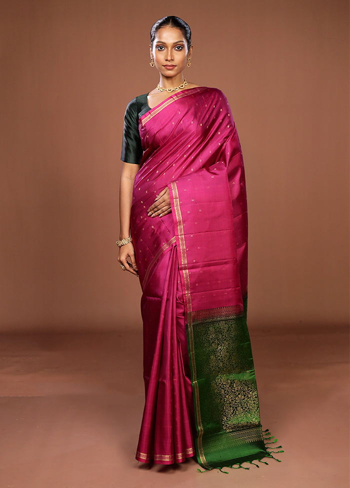Pink Handloom Kanjivaram Pure Silk Saree With Blouse Piece