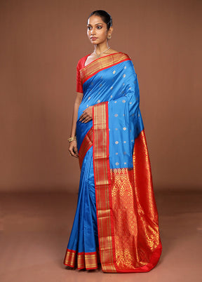 Blue Handloom Kanjivaram Pure Silk Saree With Blouse Piece
