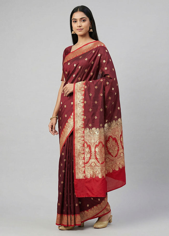 Maroon Banarasi Silk Saree With Blouse Piece