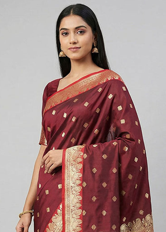 Maroon Banarasi Silk Saree With Blouse Piece