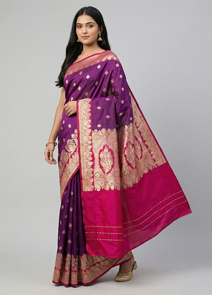 Purple Banarasi Silk Saree With Blouse Piece