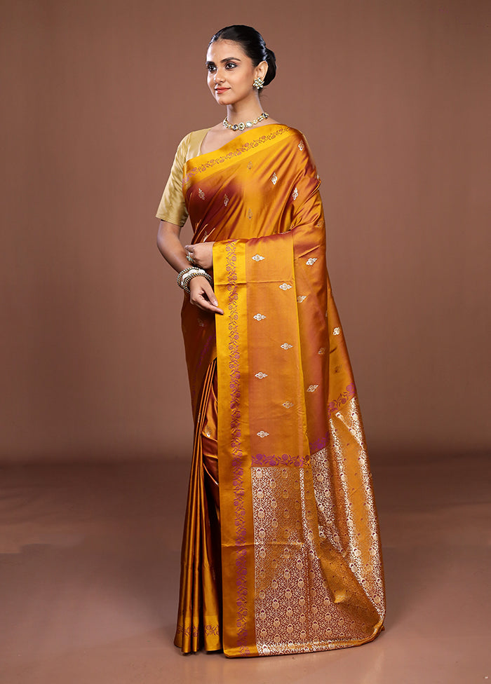 Yellow Banarasi Silk Saree With Blouse Piece