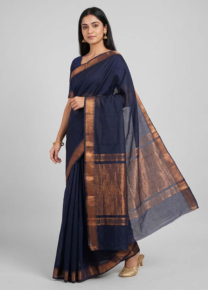 Blue Mangalgiri Silk Saree With Blouse Piece
