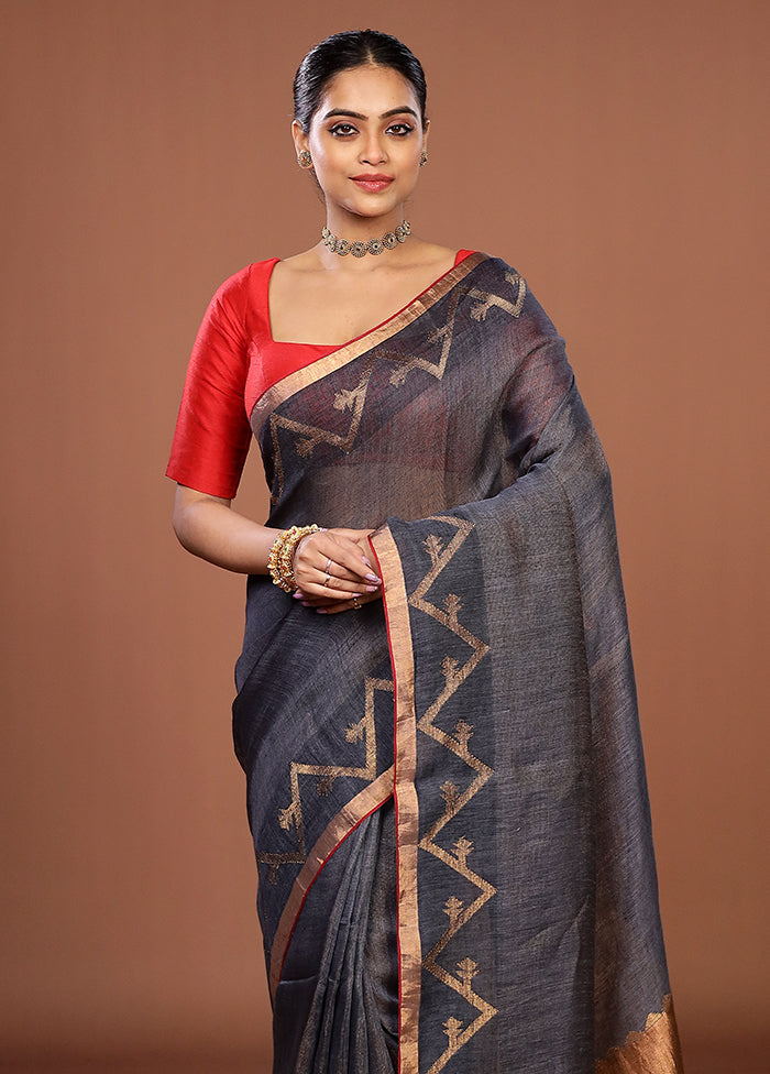 Grey Linen Silk Saree With Blouse Piece