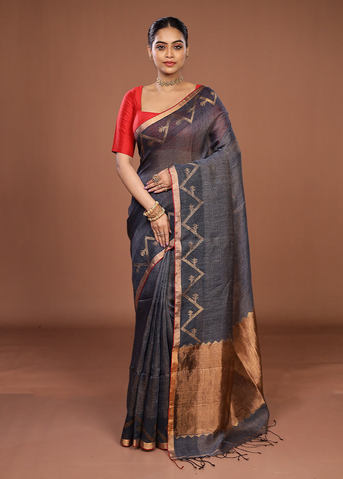 Grey Linen Silk Saree With Blouse Piece