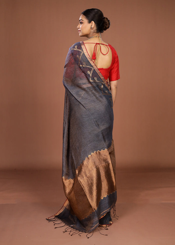 Grey Linen Silk Saree With Blouse Piece