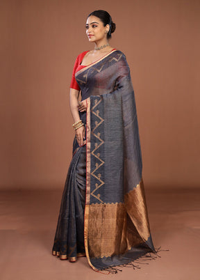 Grey Linen Silk Saree With Blouse Piece