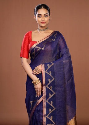 Blue Linen Silk Saree With Blouse Piece