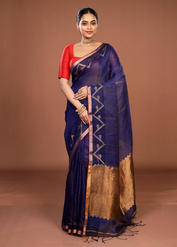 Blue Linen Silk Saree With Blouse Piece