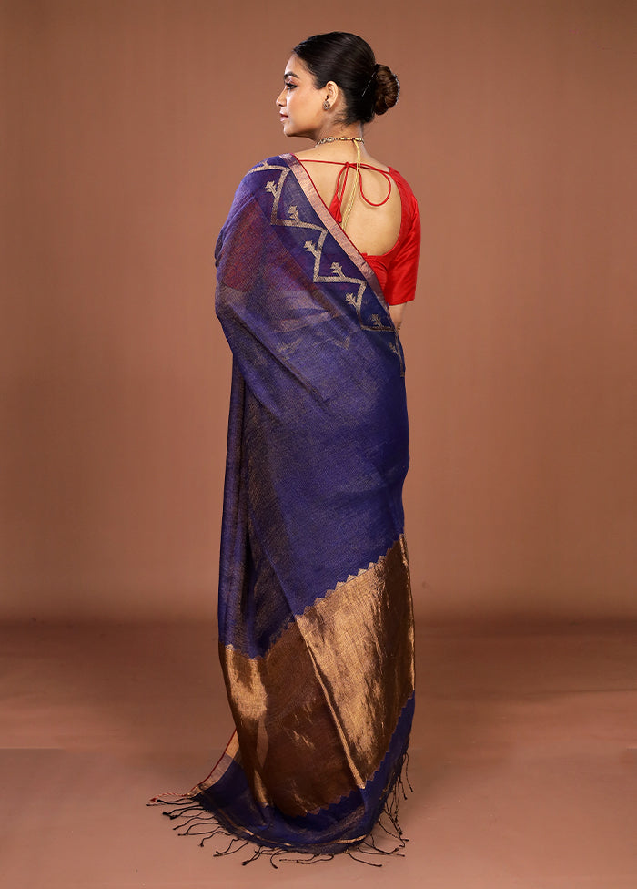 Blue Linen Silk Saree With Blouse Piece