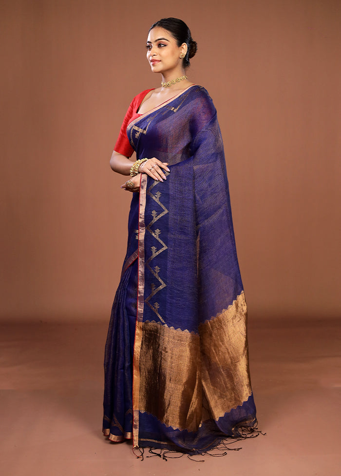 Blue Linen Silk Saree With Blouse Piece