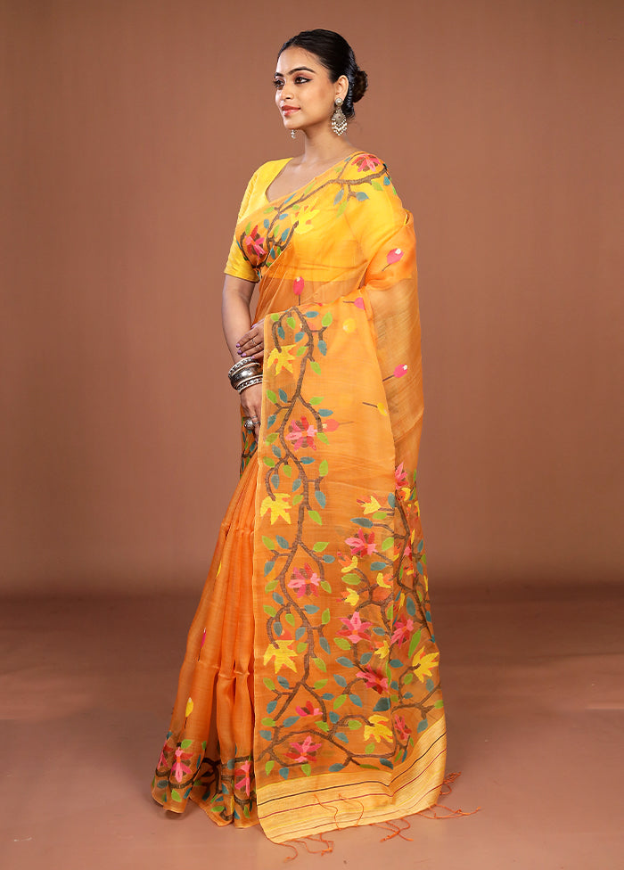 Yellow Handloom Matka Pure Silk Saree With Blouse Piece