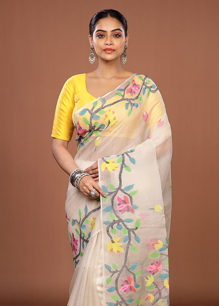 White Handloom Matka Pure Silk Saree With Blouse Piece