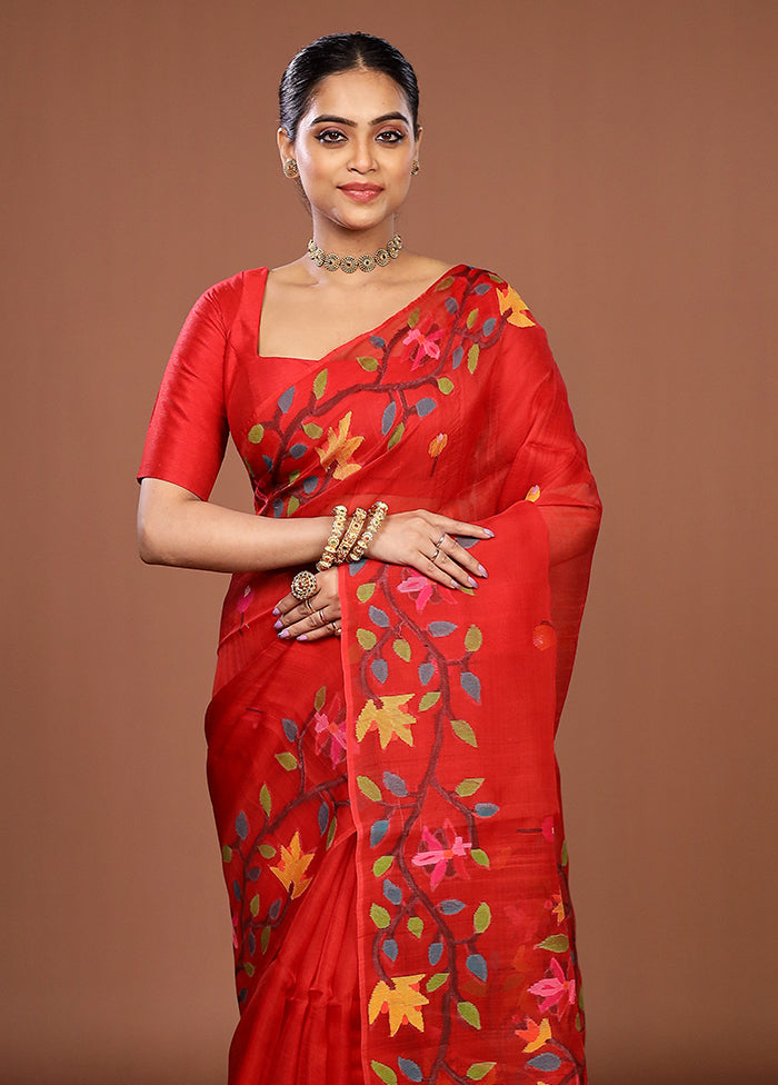 Red Handloom Matka Pure Silk Saree With Blouse Piece