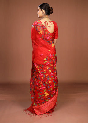 Red Handloom Matka Pure Silk Saree With Blouse Piece