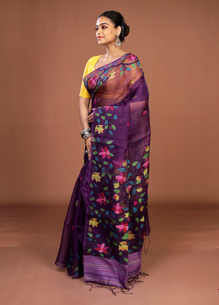 Purple Handloom Matka Pure Silk Saree With Blouse Piece