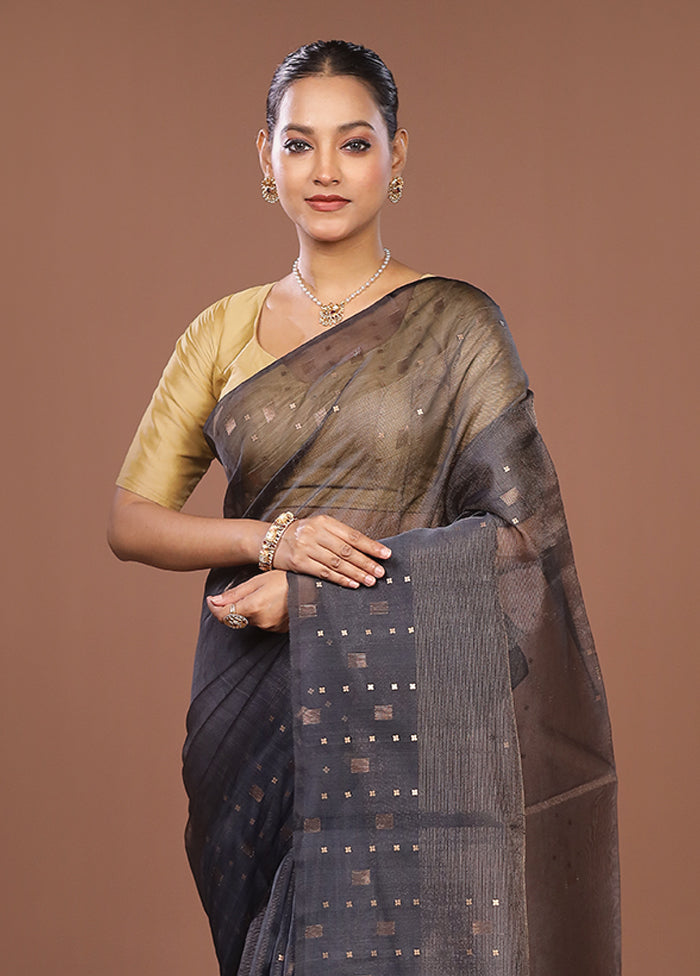 Grey Handloom Matka Pure Silk Saree With Blouse Piece