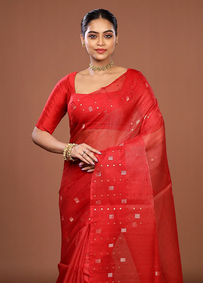 Red Handloom Matka Pure Silk Saree With Blouse Piece