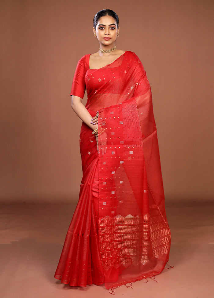 Red Handloom Matka Pure Silk Saree With Blouse Piece