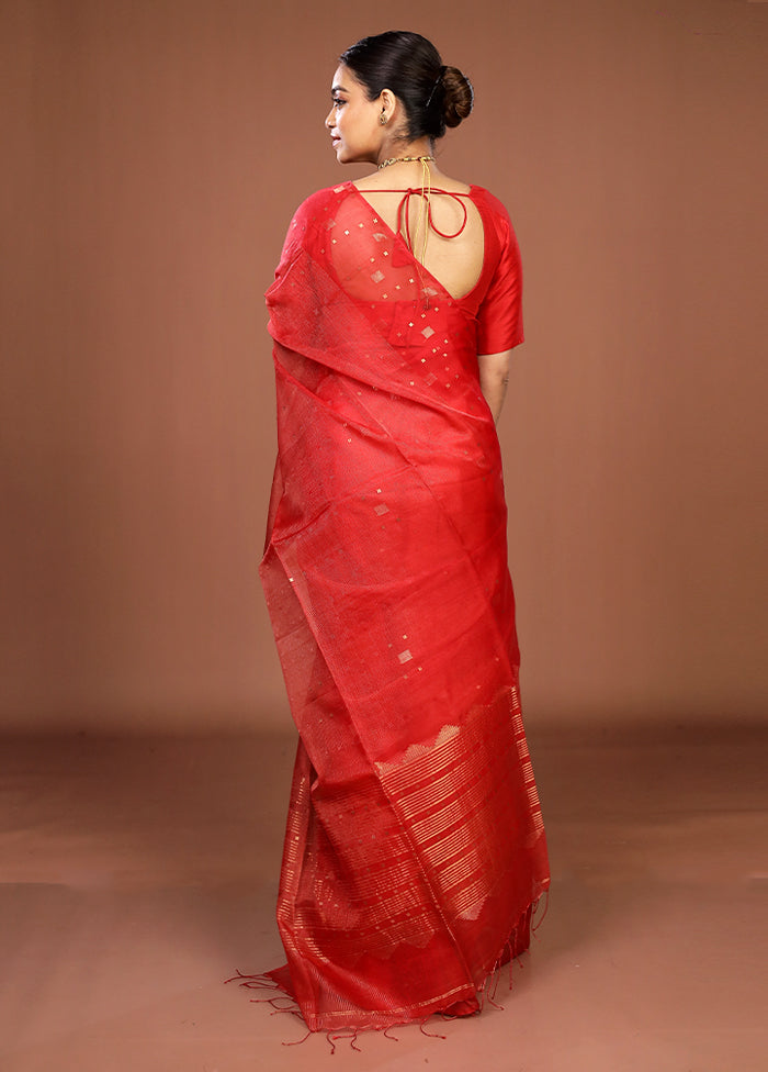 Red Handloom Matka Pure Silk Saree With Blouse Piece