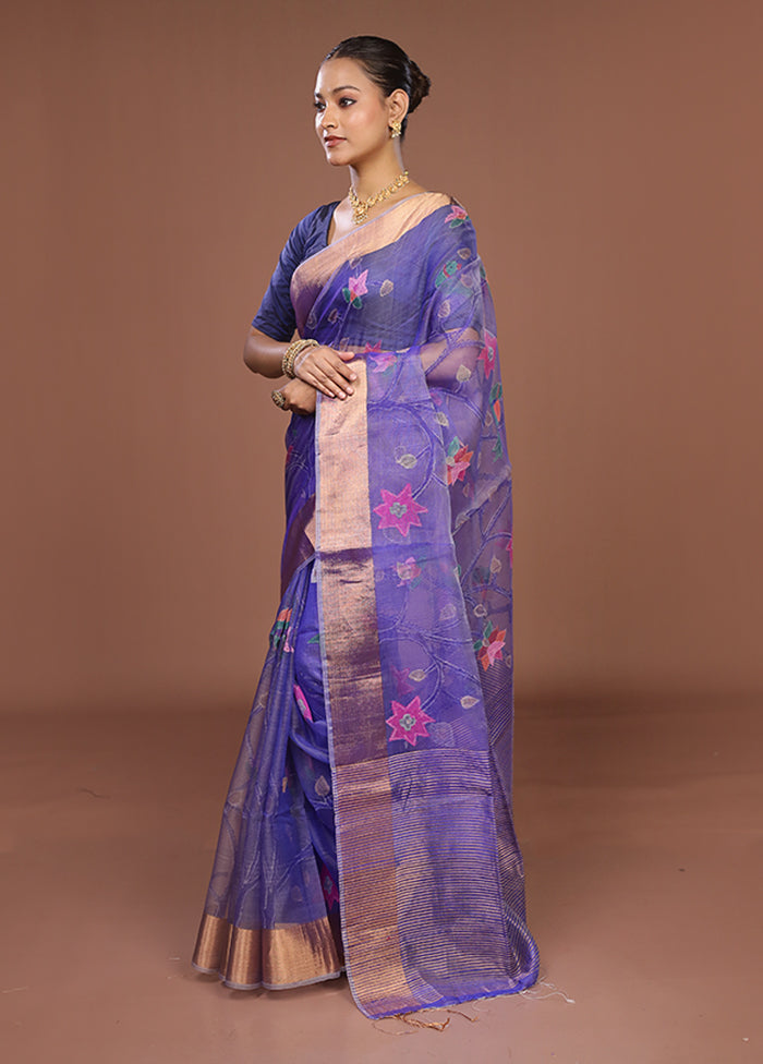 Blue Handloom Tussar Pure Silk Saree With Blouse Piece
