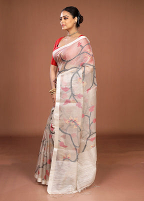 Grey Handloom Matka Pure Silk Saree With Blouse Piece