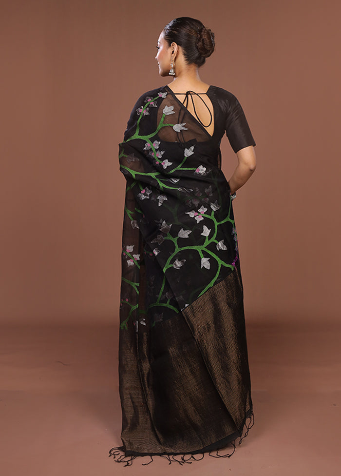 Black Handloom Matka Pure Silk Saree With Blouse Piece