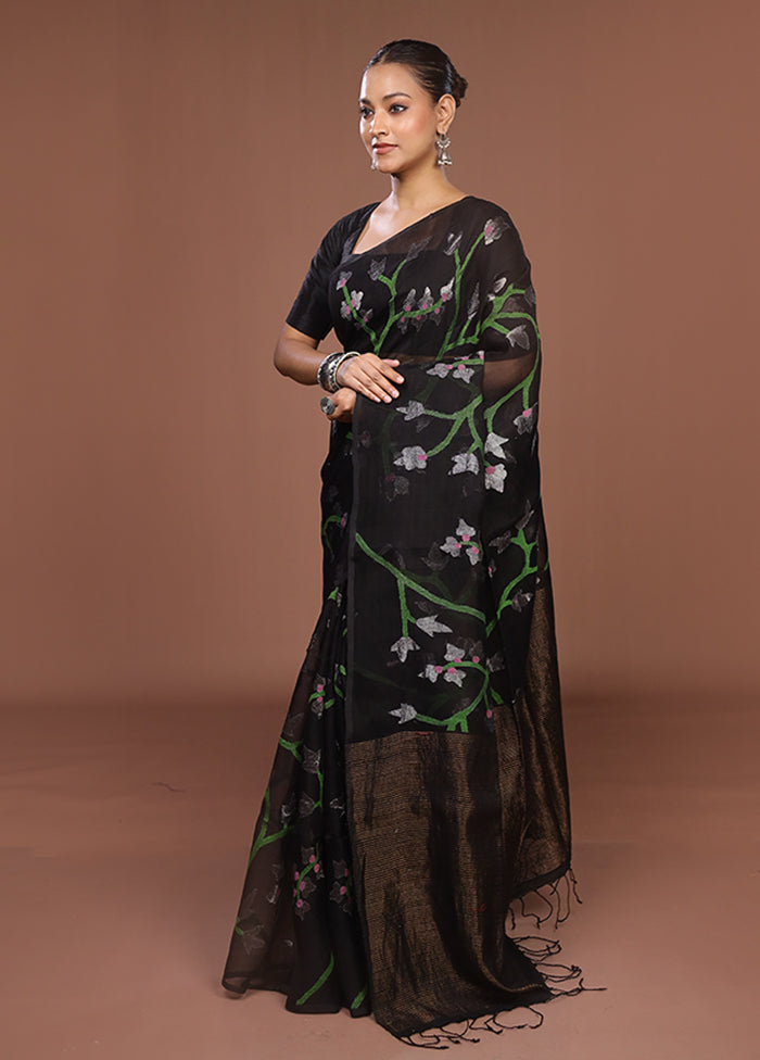 Black Handloom Matka Pure Silk Saree With Blouse Piece