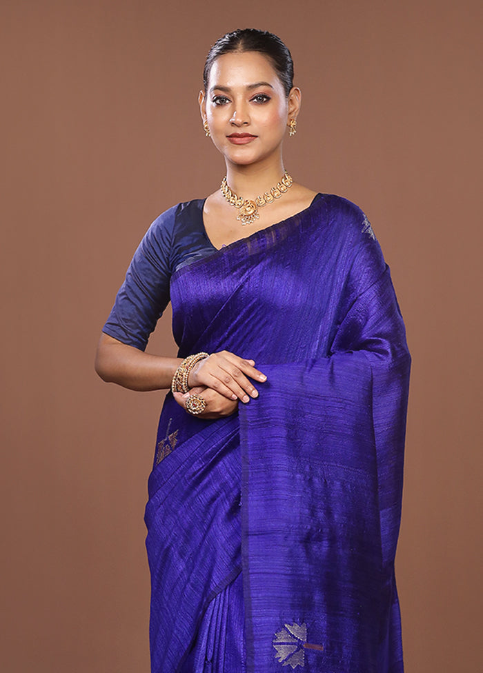 Blue Handloom Matka Pure Silk Saree With Blouse Piece