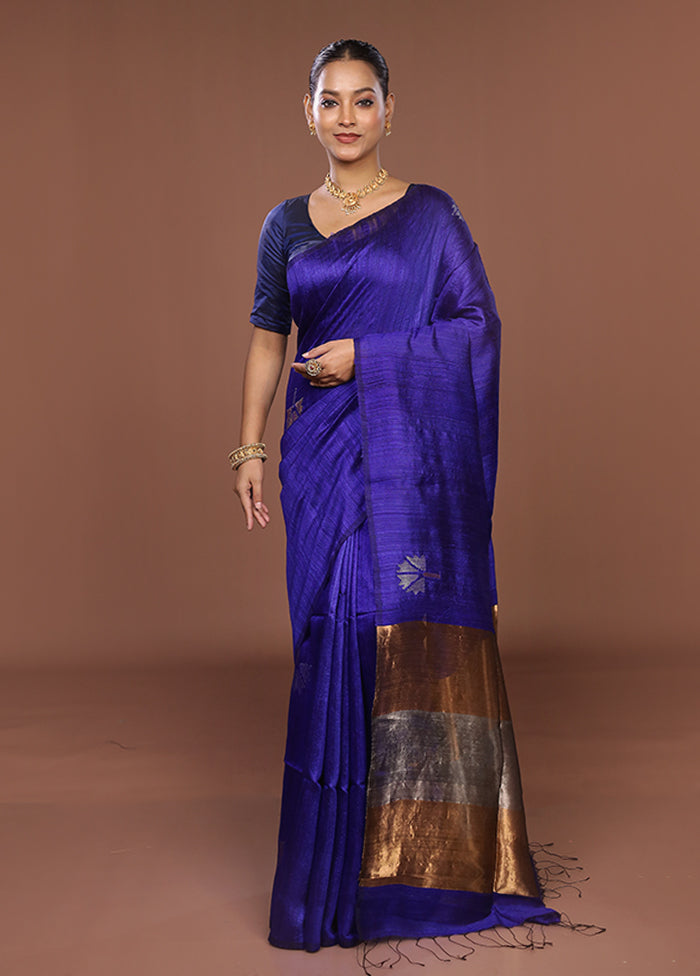 Blue Handloom Matka Pure Silk Saree With Blouse Piece
