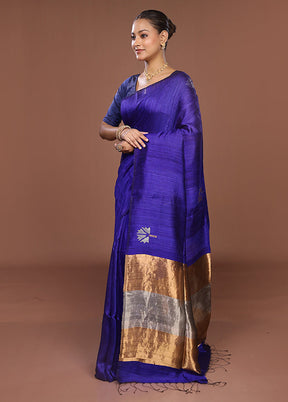 Blue Handloom Matka Pure Silk Saree With Blouse Piece
