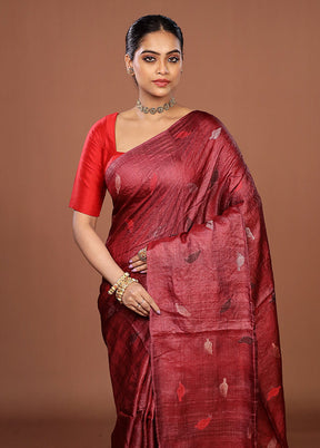 Purple Handloom Tussar Pure Silk Saree With Blouse Piece