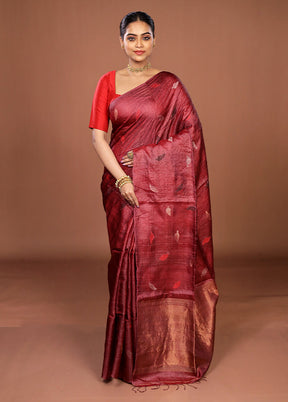Purple Handloom Tussar Pure Silk Saree With Blouse Piece