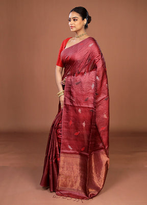 Purple Handloom Tussar Pure Silk Saree With Blouse Piece