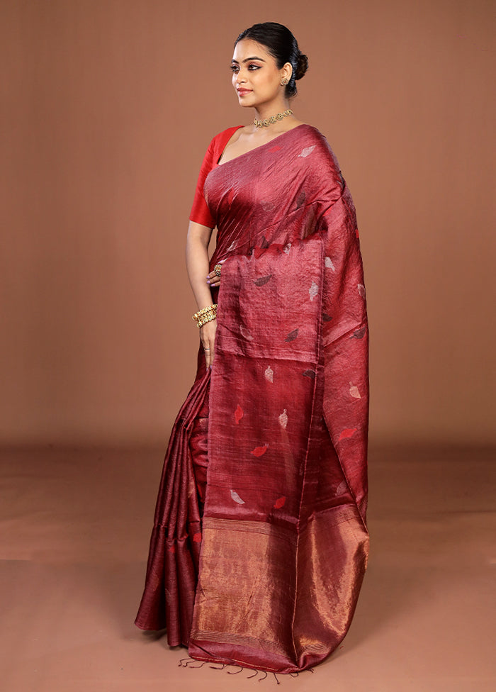 Purple Handloom Tussar Pure Silk Saree With Blouse Piece