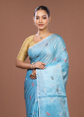 Blue Handloom Tussar Pure Silk Saree With Blouse Piece