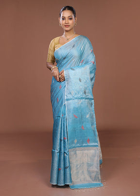 Blue Handloom Tussar Pure Silk Saree With Blouse Piece