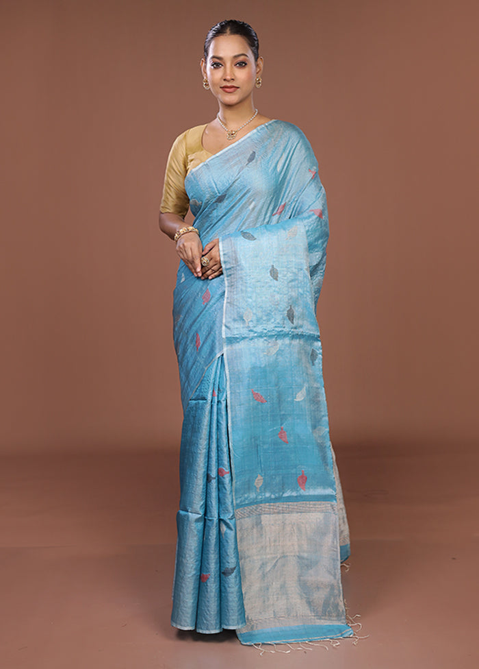 Blue Handloom Tussar Pure Silk Saree With Blouse Piece
