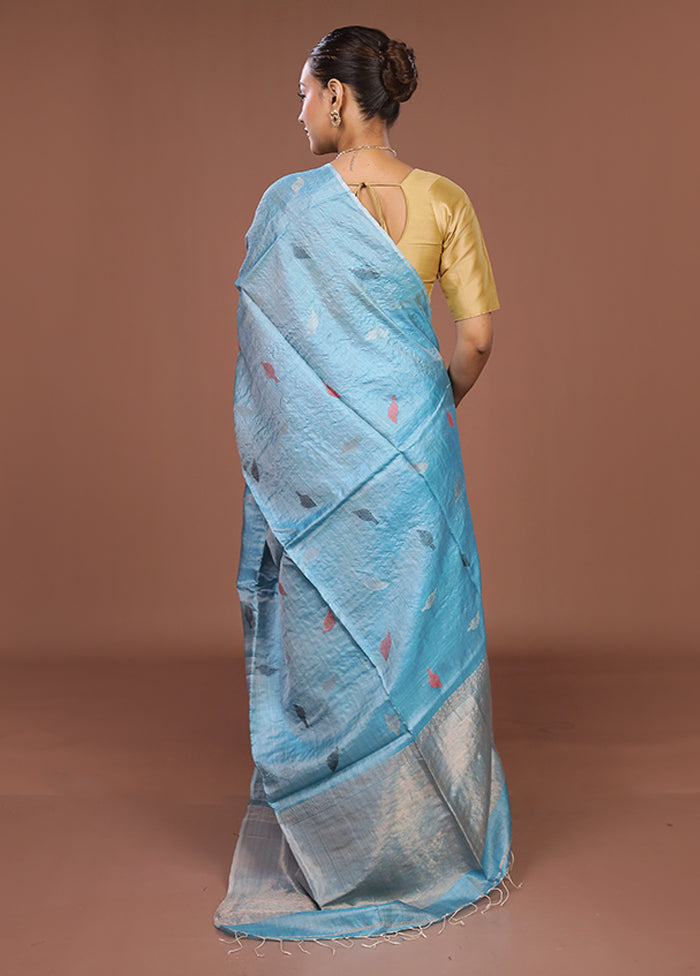 Blue Handloom Tussar Pure Silk Saree With Blouse Piece