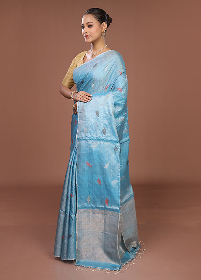 Blue Handloom Tussar Pure Silk Saree With Blouse Piece