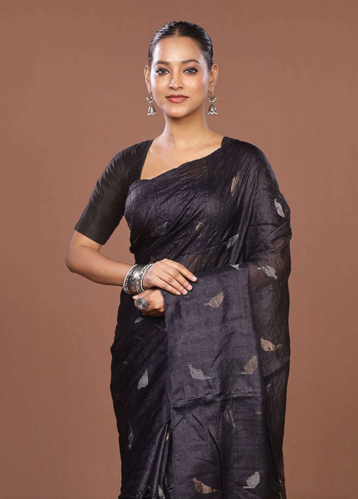 Black Handloom Tussar Pure Silk Saree With Blouse Piece