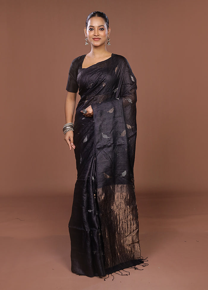 Black Handloom Tussar Pure Silk Saree With Blouse Piece