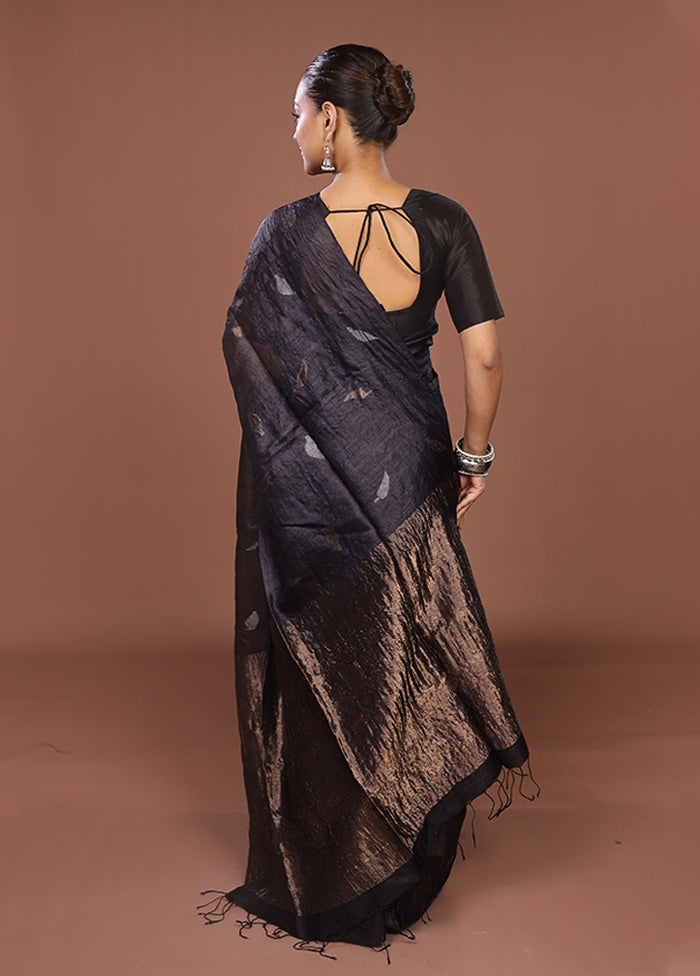 Black Handloom Tussar Pure Silk Saree With Blouse Piece
