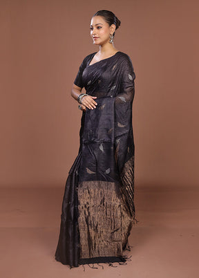 Black Handloom Tussar Pure Silk Saree With Blouse Piece