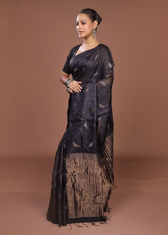 Black Handloom Tussar Pure Silk Saree With Blouse Piece