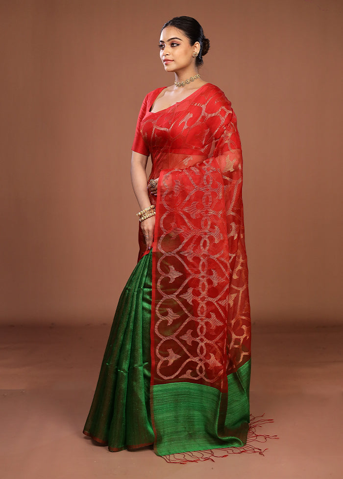 Green Handloom Matka Pure Silk Saree With Blouse Piece