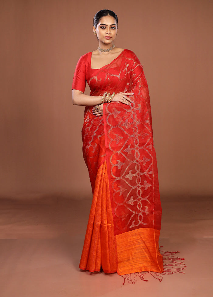 Rust Handloom Matka Pure Silk Saree With Blouse Piece