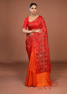 Rust Handloom Matka Pure Silk Saree With Blouse Piece